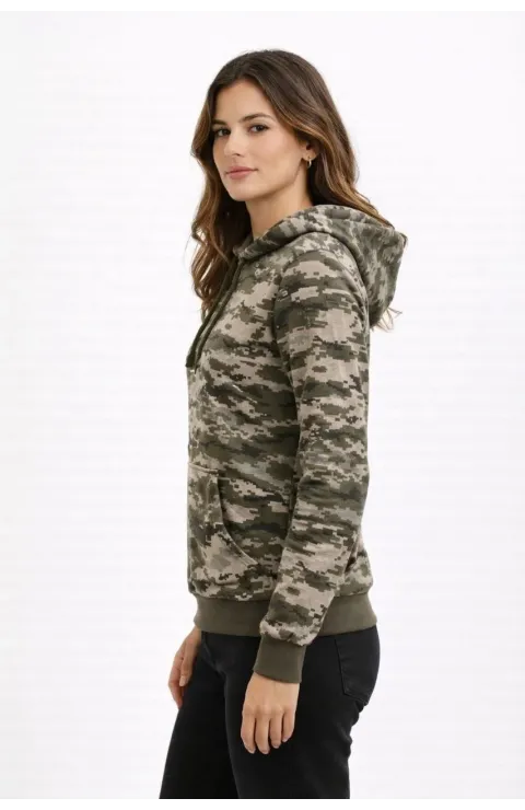 Kadın Kamuflaj Desenli 2 İplik 4 Mevsim Kapüşonlu Kanguru Cepli Hoodie Sweatshirt - Kamuflaj