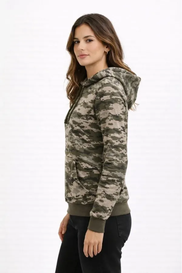 Kadın Kamuflaj Desenli 2 İplik 4 Mevsim Kapüşonlu Kanguru Cepli Hoodie Sweatshirt - Kamuflaj