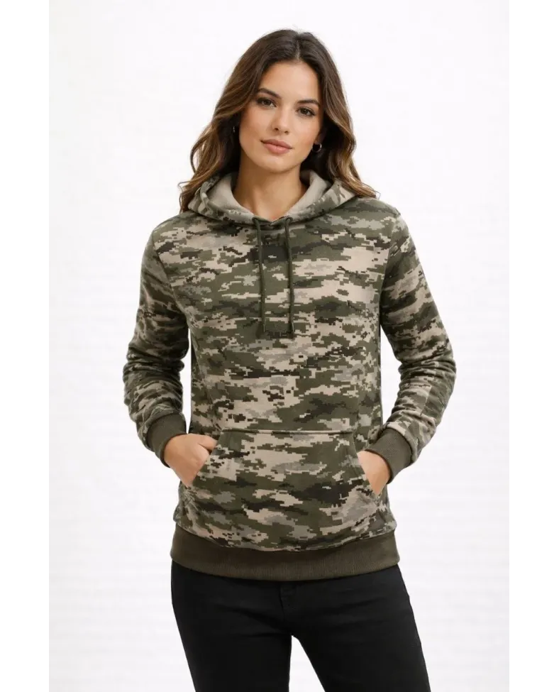 Kadın Kamuflaj Desenli 2 İplik 4 Mevsim Kapüşonlu Kanguru Cepli Hoodie Sweatshirt - Kamuflaj