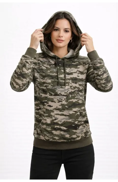 Kadın Kamuflaj Desenli 2 İplik 4 Mevsim Kapüşonlu Kanguru Cepli Hoodie Sweatshirt - Kamuflaj