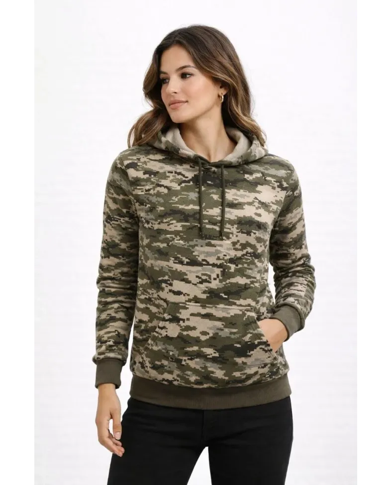 Kadın Kamuflaj Desenli 2 İplik 4 Mevsim Kapüşonlu Kanguru Cepli Hoodie Sweatshirt - Kamuflaj