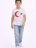 Erkek Çocuk Tişört Bisiklet Yaka Ay Yıldız Bayrak Baskılı T-Shirt - Beyaz