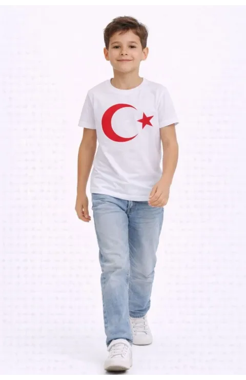 Erkek Çocuk Tişört Bisiklet Yaka Ay Yıldız Bayrak Baskılı T-Shirt - Beyaz