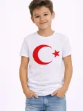 Erkek Çocuk Tişört Bisiklet Yaka Ay Yıldız Bayrak Baskılı T-Shirt - Beyaz