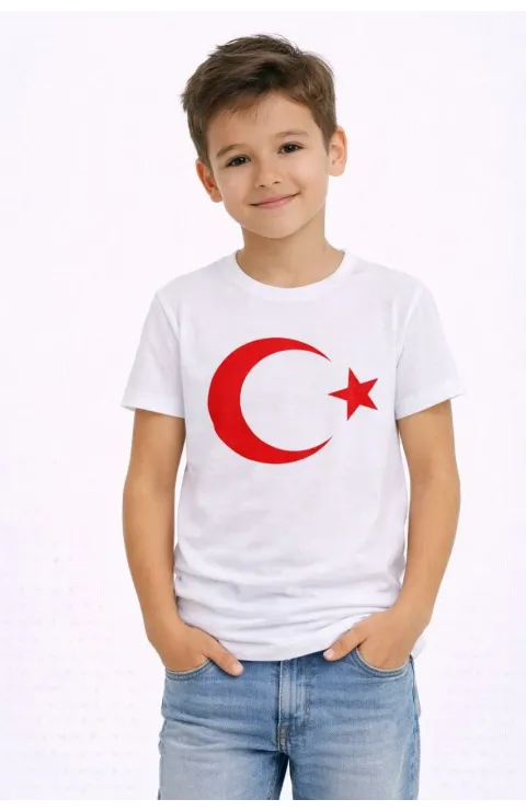 Erkek Çocuk Tişört Bisiklet Yaka Ay Yıldız Bayrak Baskılı T-Shirt - Beyaz
