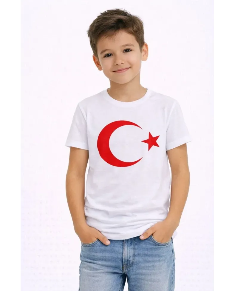 Erkek Çocuk Tişört Bisiklet Yaka Ay Yıldız Bayrak Baskılı T-Shirt - Beyaz