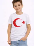 Erkek Çocuk Tişört Bisiklet Yaka Ay Yıldız Bayrak Baskılı T-Shirt - Beyaz