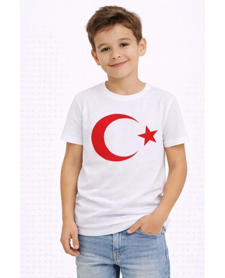 Erkek Çocuk Tişört Bisiklet Yaka Ay Yıldız Bayrak Baskılı T-Shirt - Beyaz