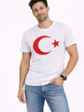 Erkek T-Shirt Kısa Kol Bisiklet Yaka Ay Yıldız Bayrak Baskılı Tişört - Beyaz