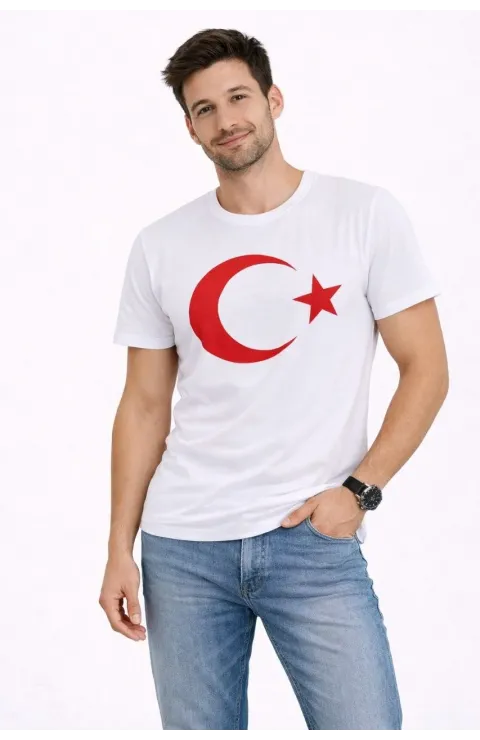 Erkek T-Shirt Kısa Kol Bisiklet Yaka Ay Yıldız Bayrak Baskılı Tişört - Beyaz