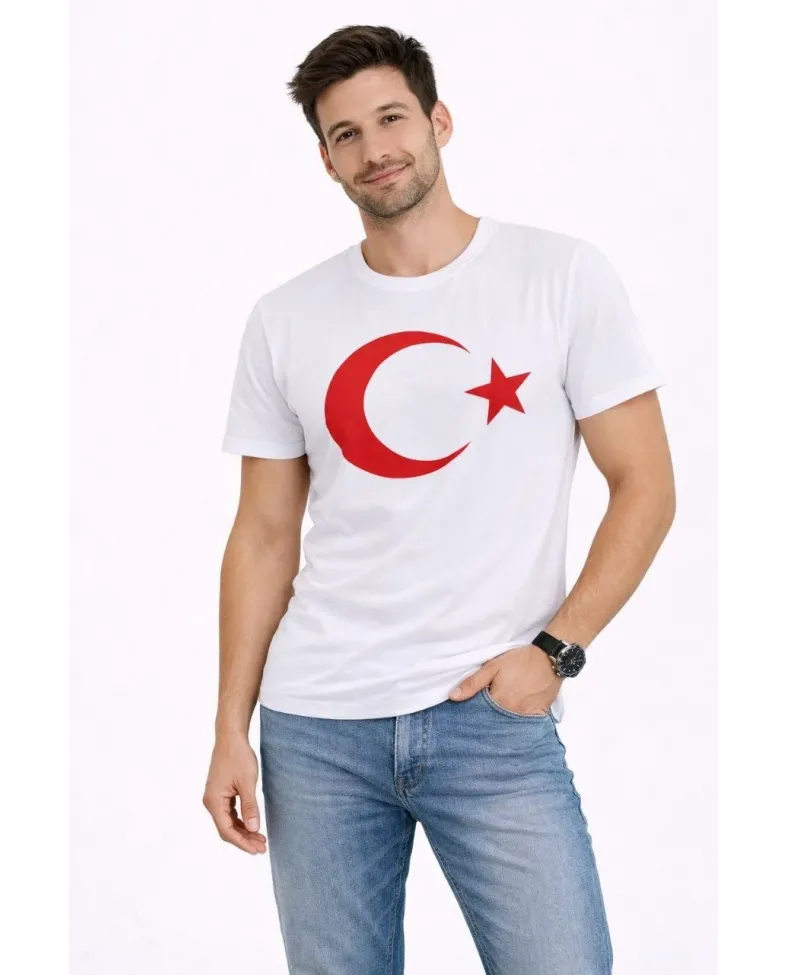 Erkek T-Shirt Kısa Kol Bisiklet Yaka Ay Yıldız Bayrak Baskılı Tişört - Beyaz