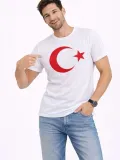 Erkek T-Shirt Kısa Kol Bisiklet Yaka Ay Yıldız Bayrak Baskılı Tişört - Beyaz