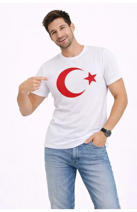 Erkek T-Shirt Kısa Kol Bisiklet Yaka Ay Yıldız Bayrak Baskılı Tişört - Beyaz