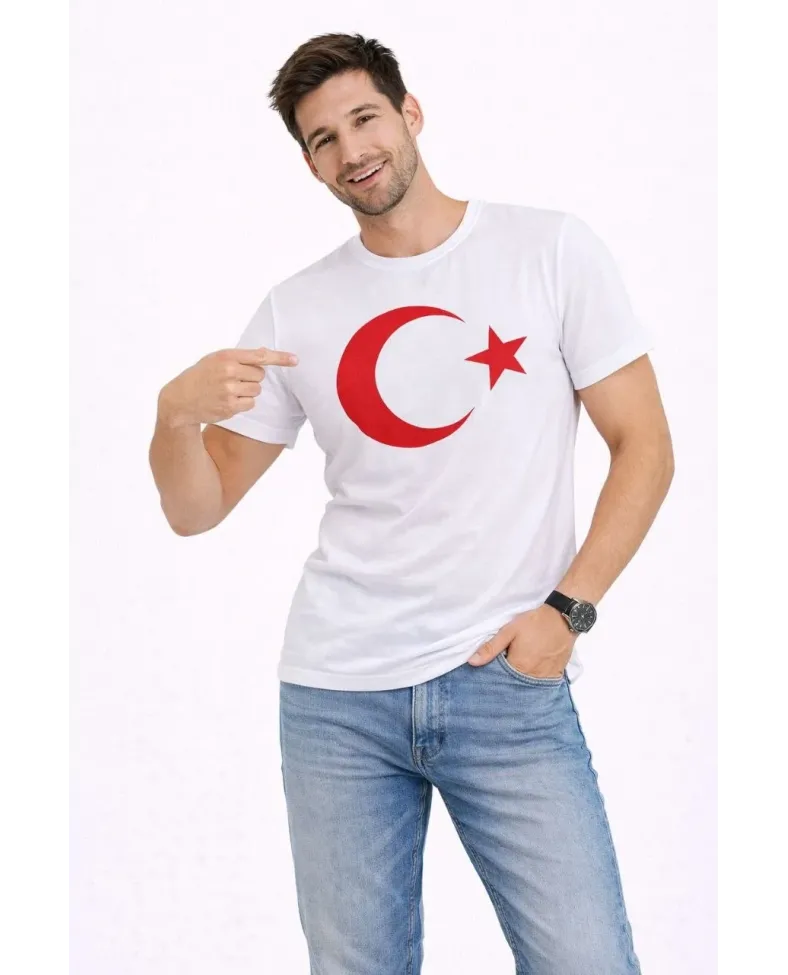 Erkek T-Shirt Kısa Kol Bisiklet Yaka Ay Yıldız Bayrak Baskılı Tişört - Beyaz