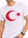 Erkek T-Shirt Kısa Kol Bisiklet Yaka Ay Yıldız Bayrak Baskılı Tişört - Beyaz