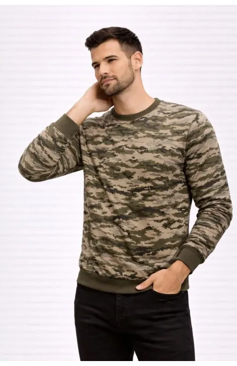 Erkek Kamuflaj Desenli 2 İplik 4 Mevsim Uzun Kollu Bisiklet Yaka Sweatshirt - Kamuflaj