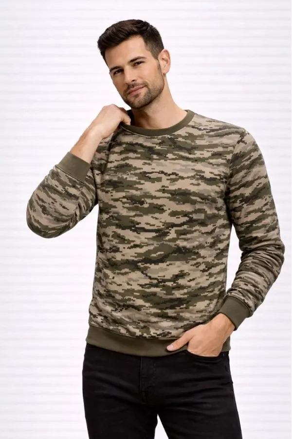 Erkek Kamuflaj Desenli 2 İplik 4 Mevsim Uzun Kollu Bisiklet Yaka Sweatshirt - Kamuflaj