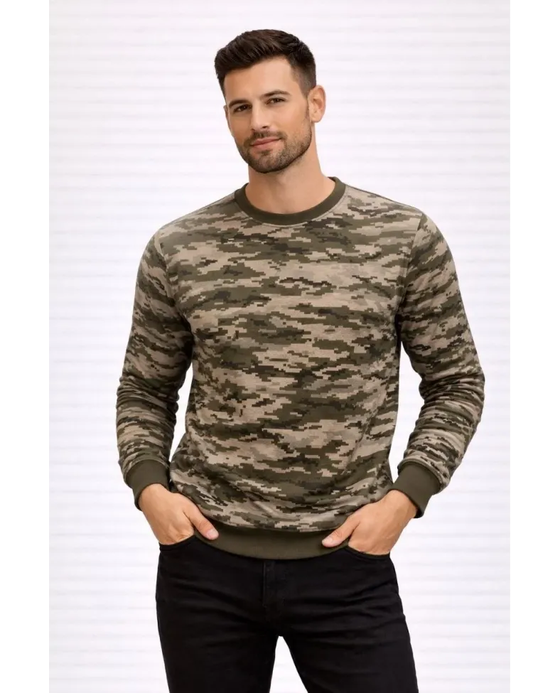 Erkek Kamuflaj Desenli 2 İplik 4 Mevsim Uzun Kollu Bisiklet Yaka Sweatshirt - Kamuflaj