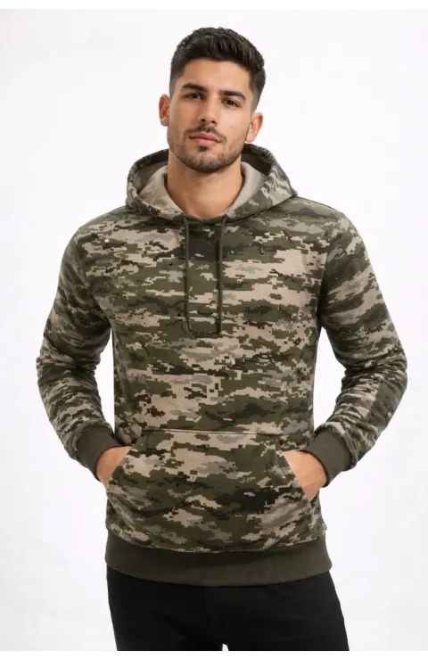 Erkek Kamuflaj Desenli 2 İplik 4 Mevsim Kapüşonlu Kanguru Cepli Hoodie Sweatshirt - Kamuflaj