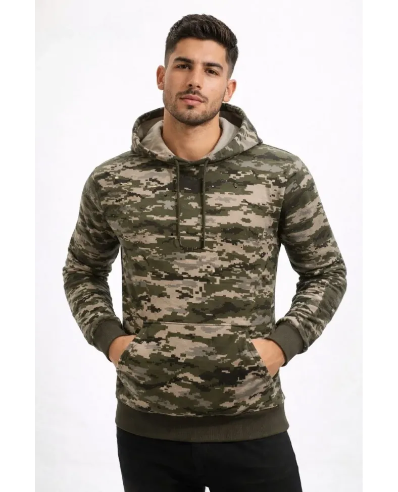 Erkek Kamuflaj Desenli 2 İplik 4 Mevsim Kapüşonlu Kanguru Cepli Hoodie Sweatshirt - Kamuflaj