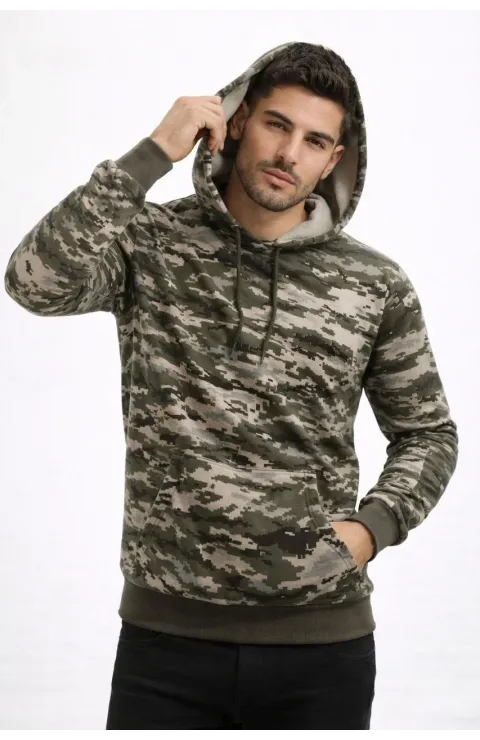 Erkek Kamuflaj Desenli 2 İplik 4 Mevsim Kapüşonlu Kanguru Cepli Hoodie Sweatshirt - Kamuflaj