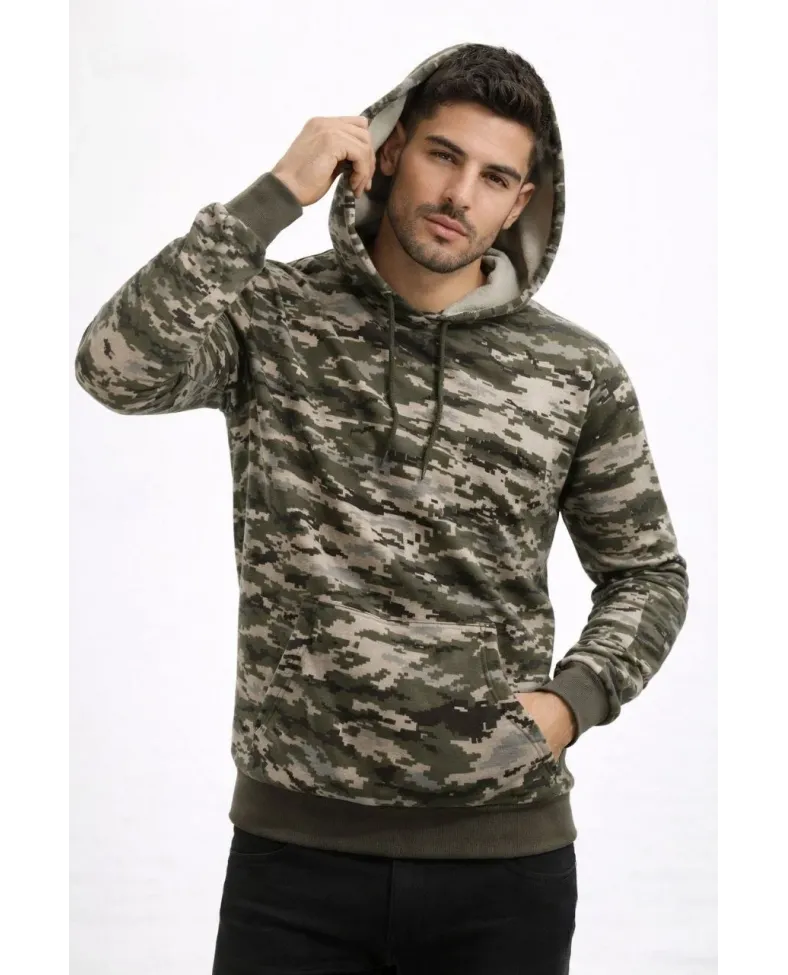 Erkek Kamuflaj Desenli 2 İplik 4 Mevsim Kapüşonlu Kanguru Cepli Hoodie Sweatshirt - Kamuflaj