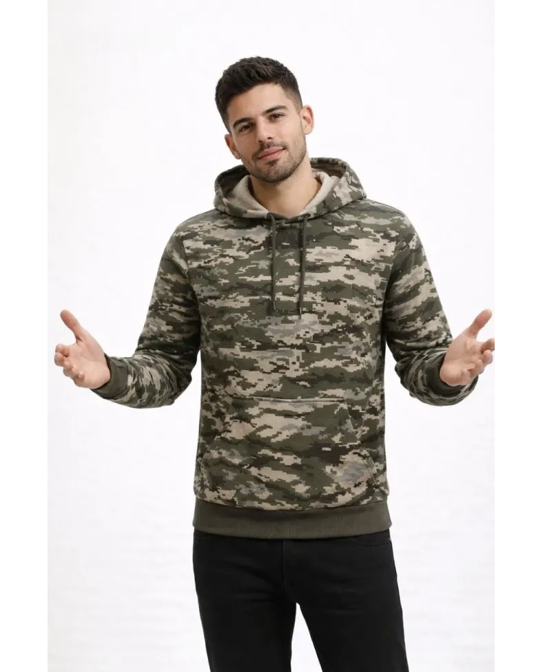 Erkek Kamuflaj Desenli 2 İplik 4 Mevsim Kapüşonlu Kanguru Cepli Hoodie Sweatshirt - Kamuflaj