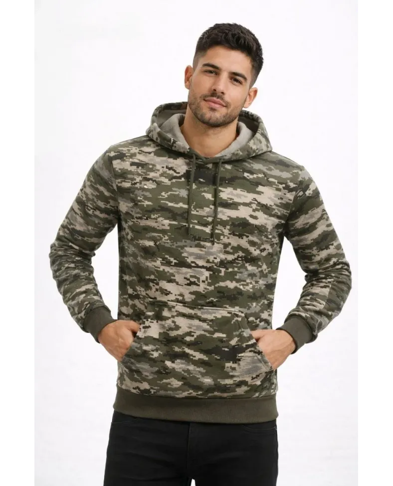 Erkek Kamuflaj Desenli 2 İplik 4 Mevsim Kapüşonlu Kanguru Cepli Hoodie Sweatshirt - Kamuflaj