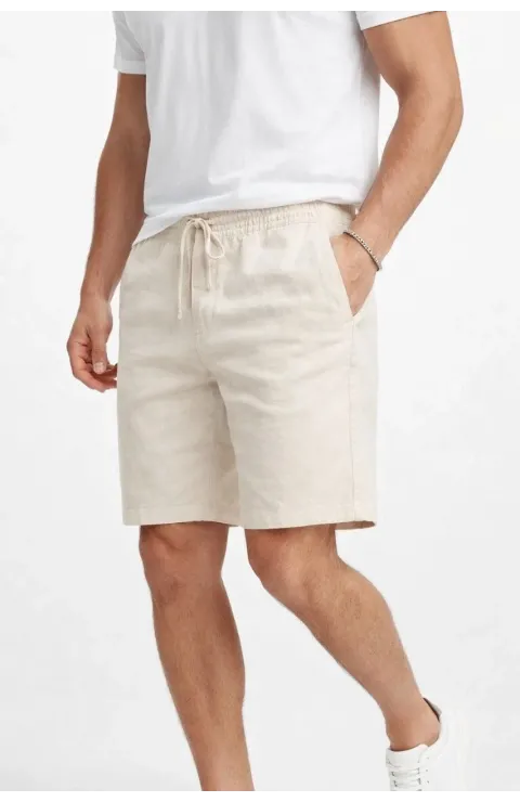 Erkek Keten Kumaş Cepli Rahat Kesim Bel Lastikli Şort - Krem