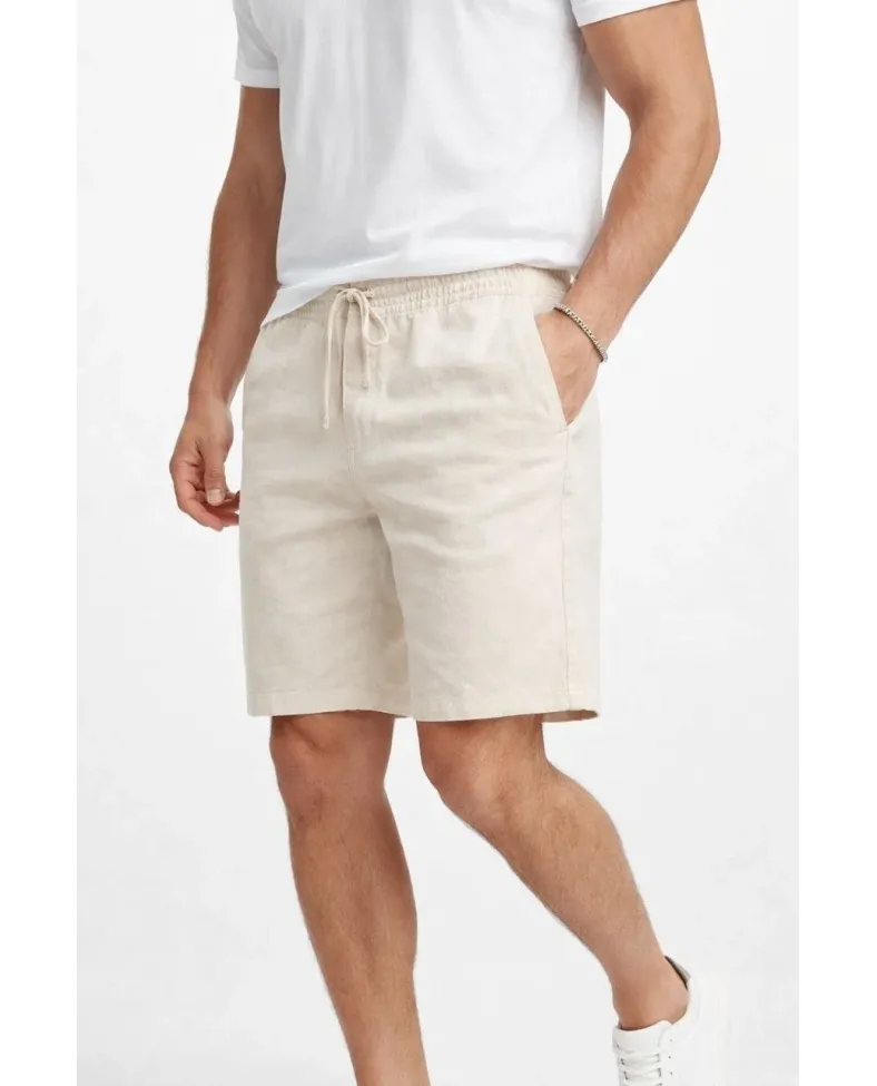 Erkek Keten Kumaş Cepli Rahat Kesim Bel Lastikli Şort - Krem