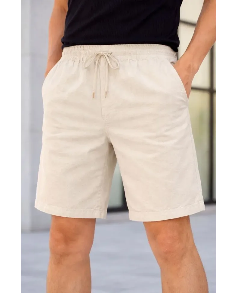 Erkek Keten Kumaş Cepli Rahat Kesim Bel Lastikli Şort - Krem