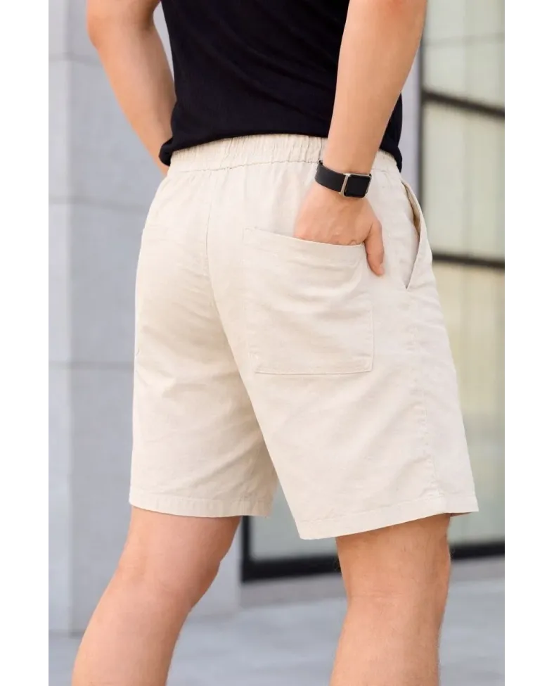 Erkek Keten Kumaş Cepli Rahat Kesim Bel Lastikli Şort - Krem