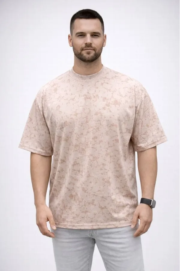 Erkek Premium Tişört OSY Yumuşak Dokulu Yıkamalı Oversize T-Shirt - Bej