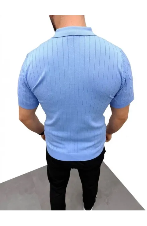 Erkek Yazlık Triko Saç Örgü Tişört Kısa Kol Polo Yaka Fermuarlı T-Shirt - Bebe Mavisi