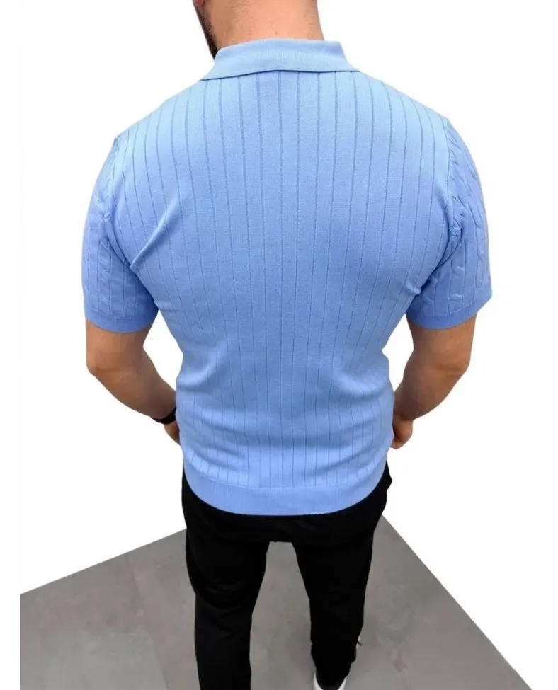 Erkek Yazlık Triko Saç Örgü Tişört Kısa Kol Polo Yaka Fermuarlı T-Shirt - Bebe Mavisi