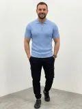 Erkek Yazlık Triko Saç Örgü Tişört Kısa Kol Polo Yaka Fermuarlı T-Shirt - Bebe Mavisi