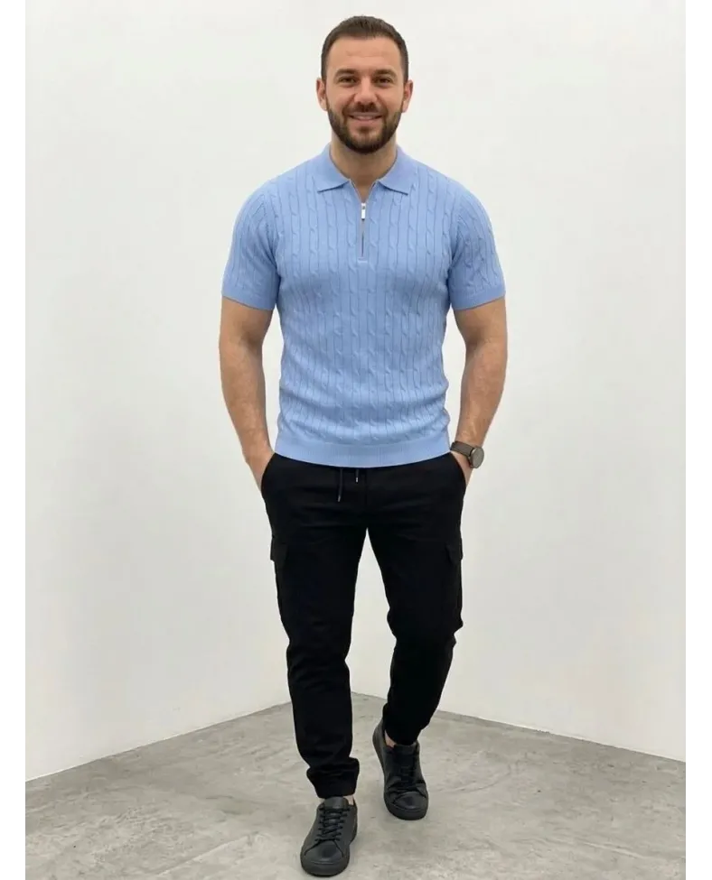 Erkek Yazlık Triko Saç Örgü Tişört Kısa Kol Polo Yaka Fermuarlı T-Shirt - Bebe Mavisi