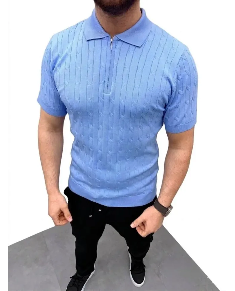 Erkek Yazlık Triko Saç Örgü Tişört Kısa Kol Polo Yaka Fermuarlı T-Shirt - Bebe Mavisi
