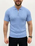 Erkek Yazlık Triko Saç Örgü Tişört Kısa Kol Polo Yaka Fermuarlı T-Shirt - Bebe Mavisi