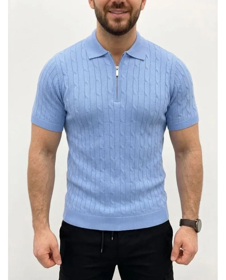 Erkek Yazlık Triko Saç Örgü Tişört Kısa Kol Polo Yaka Fermuarlı T-Shirt - Bebe Mavisi