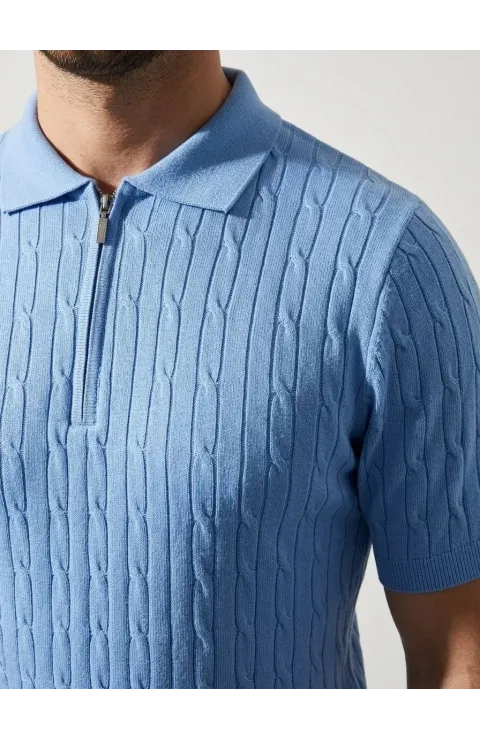Erkek Yazlık Triko Saç Örgü Tişört Kısa Kol Polo Yaka Fermuarlı T-Shirt - Bebe Mavisi