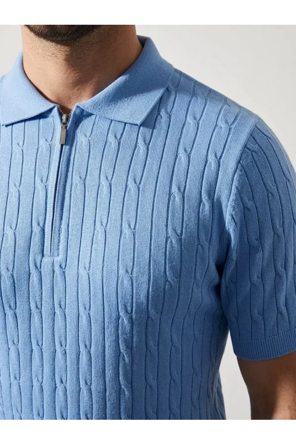 Erkek Yazlık Triko Saç Örgü Tişört Kısa Kol Polo Yaka Fermuarlı T-Shirt - Bebe Mavisi