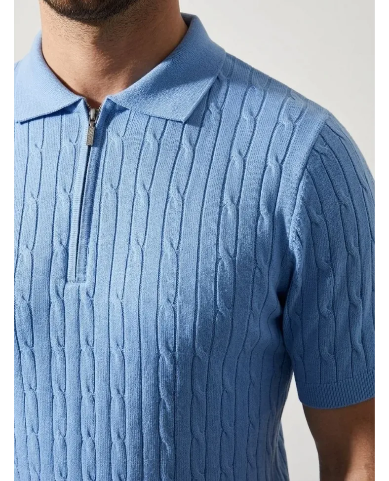 Erkek Yazlık Triko Saç Örgü Tişört Kısa Kol Polo Yaka Fermuarlı T-Shirt - Bebe Mavisi