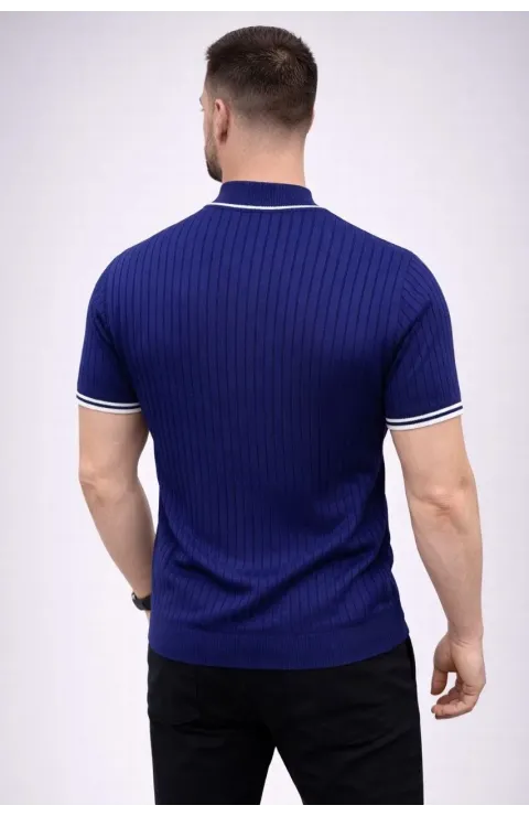 Erkek Fitilli Triko Dokuma Kısa Kol Tişört Yarım Boğaz Modern Yazlık T-Shirt - Lacivert