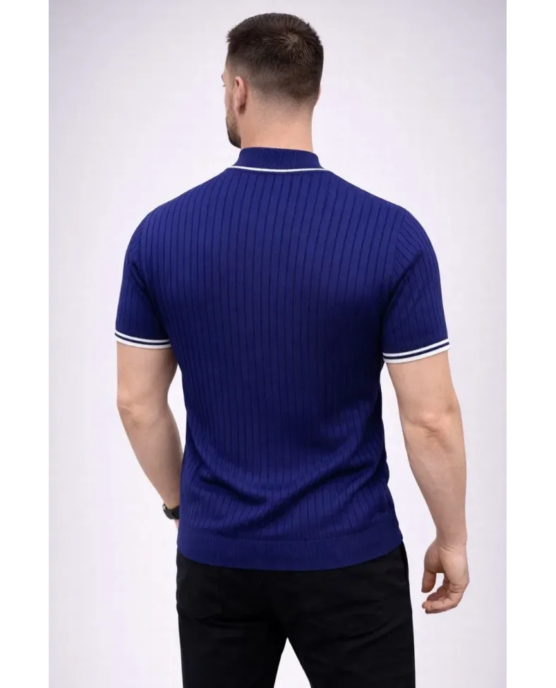 Erkek Fitilli Triko Dokuma Kısa Kol Tişört Yarım Boğaz Modern Yazlık T-Shirt - Lacivert