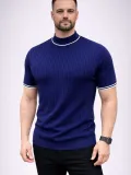 Erkek Fitilli Triko Dokuma Kısa Kol Tişört Yarım Boğaz Modern Yazlık T-Shirt - Lacivert