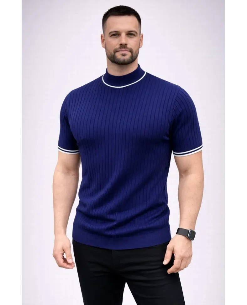 Erkek Fitilli Triko Dokuma Kısa Kol Tişört Yarım Boğaz Modern Yazlık T-Shirt - Lacivert