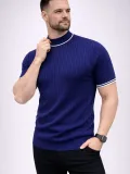 Erkek Fitilli Triko Dokuma Kısa Kol Tişört Yarım Boğaz Modern Yazlık T-Shirt - Lacivert