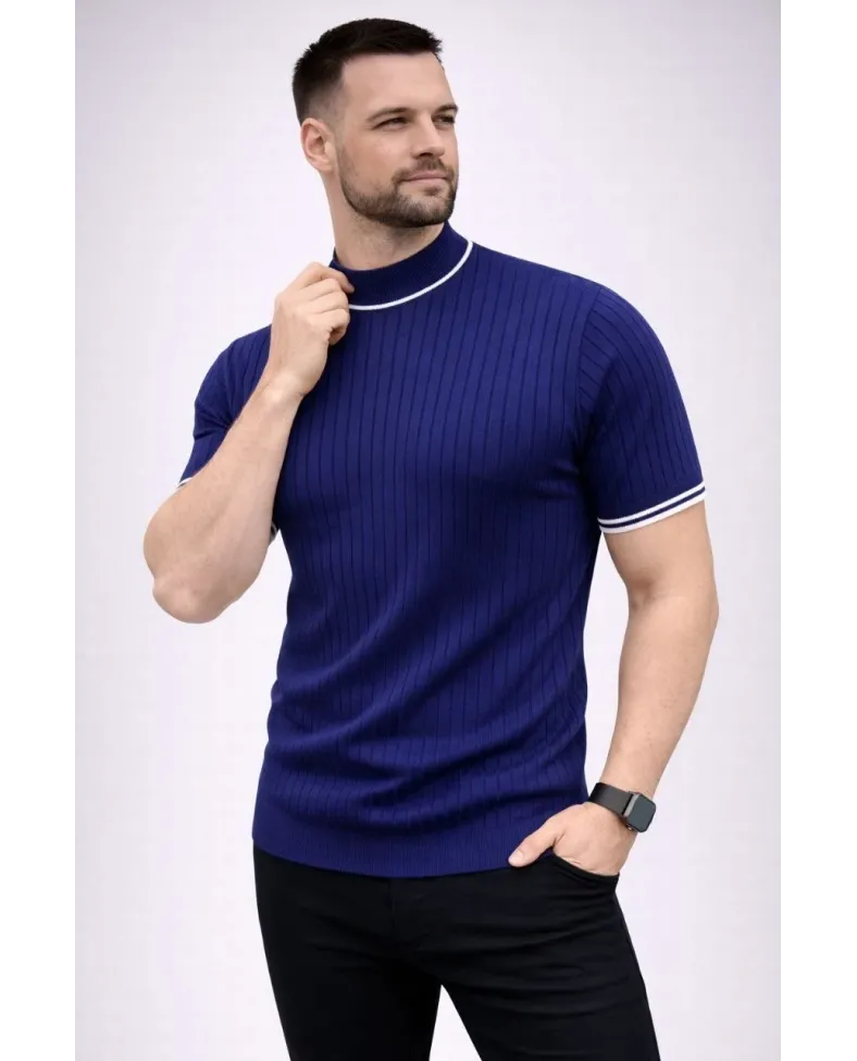 Erkek Fitilli Triko Dokuma Kısa Kol Tişört Yarım Boğaz Modern Yazlık T-Shirt - Lacivert