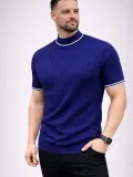 Erkek Fitilli Triko Dokuma Kısa Kol Tişört Yarım Boğaz Modern Yazlık T-Shirt - Lacivert